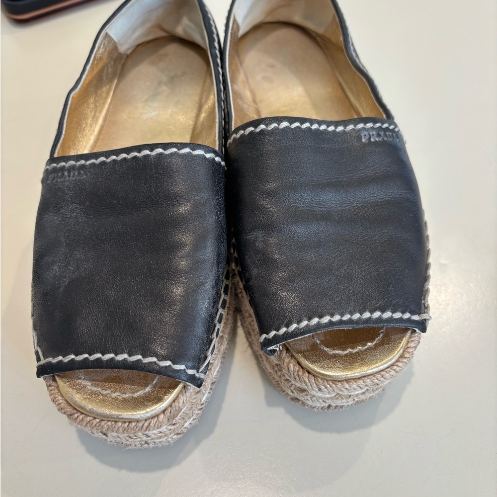 Prada Charcoal Espadrille Slip-On Shoes with Contrast Stitching